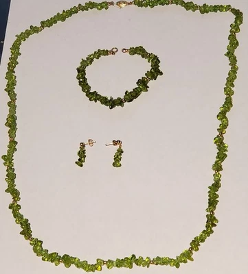 14k 黄金橄榄石串珠芯片项链手链和耳环套装 — 第 1/4 张图片