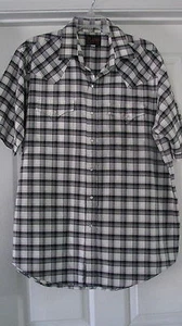 Western Wear mens Black white blue plaid shirt large snaps pockets short sleeve - Picture 1 of 3