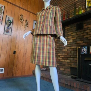 Vtg 60s Mod Italian Lord & Taylor Maria Antonelli Plaid Wool Boxy Skirt Suit S - Picture 1 of 10