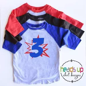 Toddler Boy/Girl 3rd Birthday Superhero Shirt Raglan - Superhero Bday Shirt 3 - Picture 1 of 2
