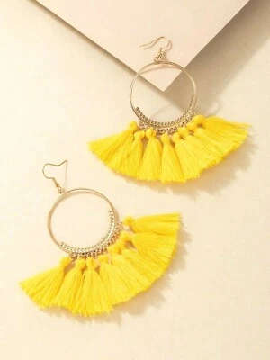 NEW Gold Yellow Tassel Fringe Round Drop Earrings Boho Hippie Fashion Dangle - Image 1 of 4