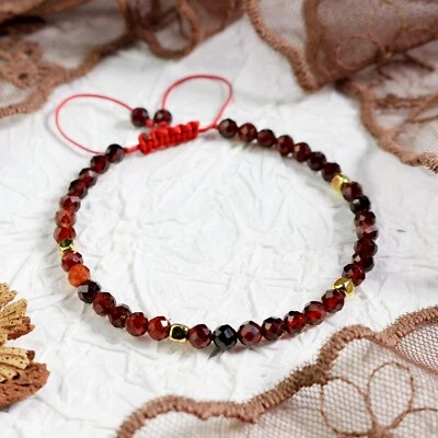 Red Garnet 3mm Faceted Beads Braided Dainty Healing Reiki Handmade Bracelet - Image 1 of 4