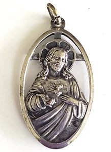 Antique Italy Sacred Heart Of Jesus Silver Plated Oval Medal 1-5/16" Pendant - Picture 1 of 2