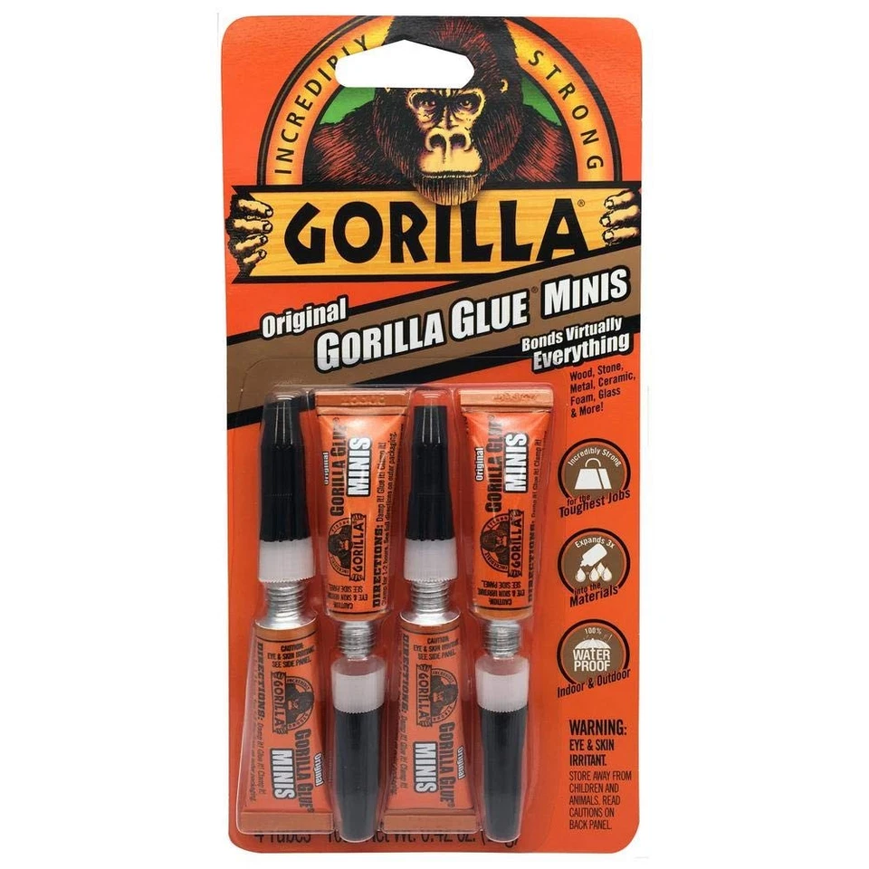 GORILLA GLUE Gorilla Minis, Original Waterproof Polyurethane Glue, Four 3 Gram Tubes, Brown