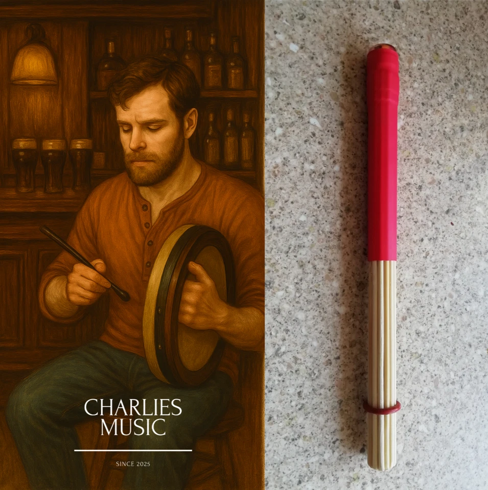 CHARLIES MUSIC Bodhran Brush 9" Tipper, Beater, Stick, In Red, Hand Made