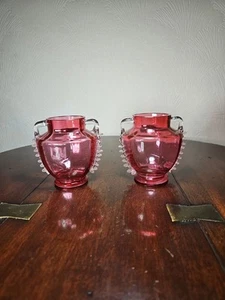 Antique Pair Hand Blown Cranberry Glass Handled Footed Vases - Picture 1 of 24