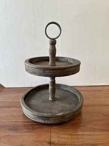 Double Tiered Wood Tray Stand Wooden Farmhouse Rustic 2 Tier Serving Tray Stand - Picture 1 of 19