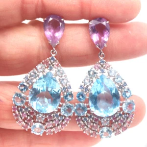 Piedra Preciosa Topacio Azul Cielo,Amatista & Zafiro Pendientes 925 Plata de Ley - Imagen 1 de 4