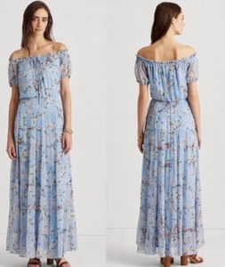 Ralph Lauren Floral Georgette Maxi Off The Shoulder Dress Blue Size 16 - Picture 1 of 10