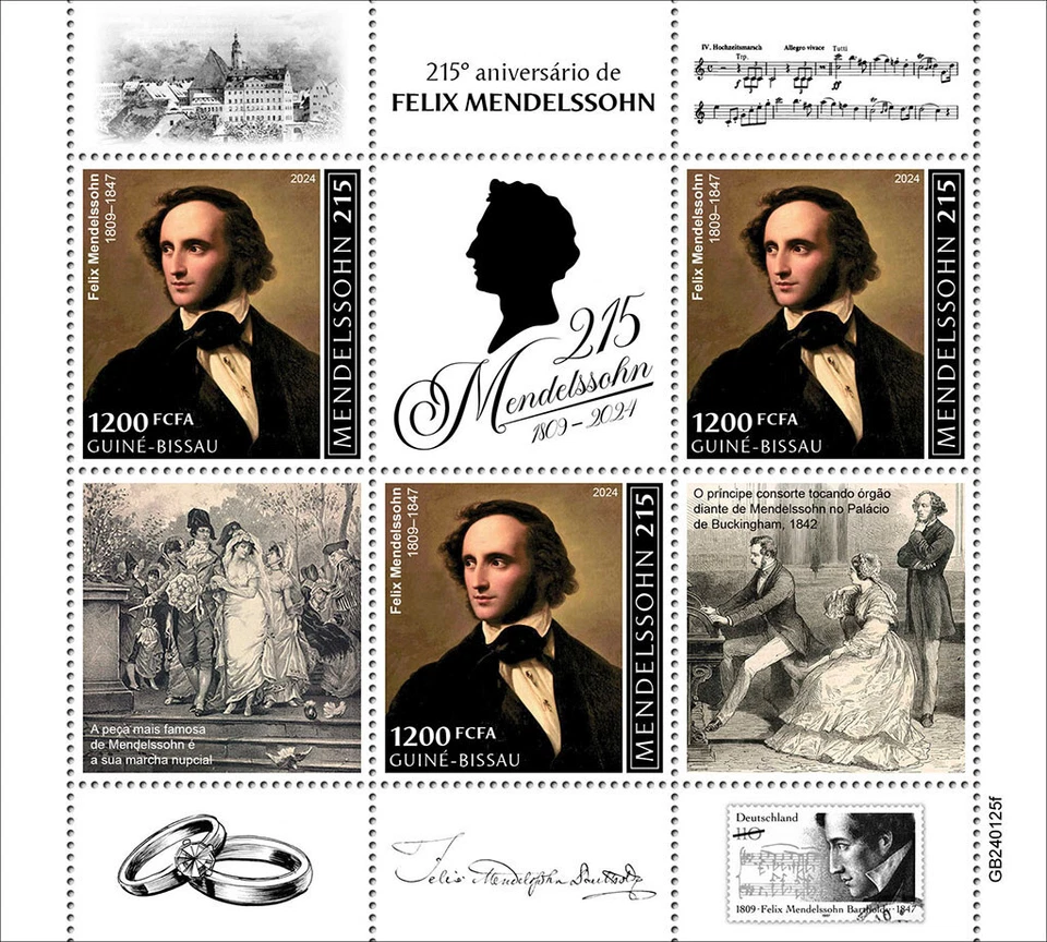 Estampillas del compositor Felix Mendelssohn 215 aniversario MNH 2024 Guinea-Bissau M/S Foto 1 de 1