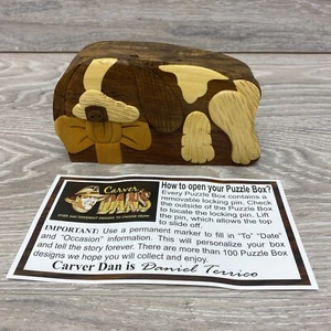 Carver Dan's Puzzle Boxes Dog w/ Bow Wood Trinket Box Secret Compartment - Bild 1 von 11