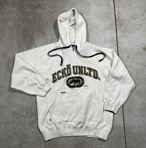 OFF WHITE Felpa con cappuccio vintage Ecko Unltd Spellout pesante taglia L Y2K bianca gialla
