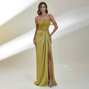 Luxury Evening Dress Gold Satin Sparkle Crystal Sweetheart Mermaid Side Slit - Picture 1 of 19