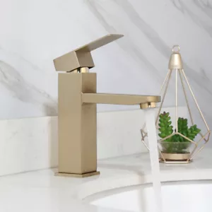 Bathroom Brushed Gold Sink Mixer Brass Taps Square Single Handle Deck Mounted - Picture 1 of 10