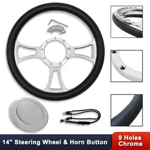Trinity Style Chrome 14" Steering Wheel & Aluminum 9 Holes Smooth Horn Button - Picture 1 of 8