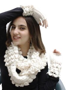 Womens Hand Knitted Superfine Alpaca Wool Infinity Scarf & Gloves 2 Piece Set