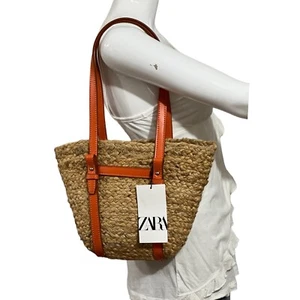 Zara Tote Bag Tan Orange Woven Jute Basket Style Handle Boho Beach NWT - Picture 1 of 19