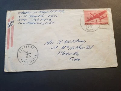 USS TANGIER AV-8 Naval Cover 1944 Censored WWII Sailor's Mail - Image 1 of 2