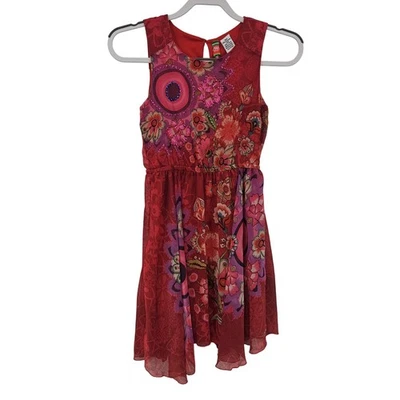 Desigual Dress Girls 11/12 Red Pink Floral Sequin Lined Asym Hem Party 61V32C5 - Image 1 of 4