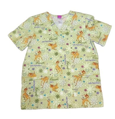 Camisa Disney Scrub Top Bambi tamanho pequeno bolsos leve verde veado - Imagem 1 de 4