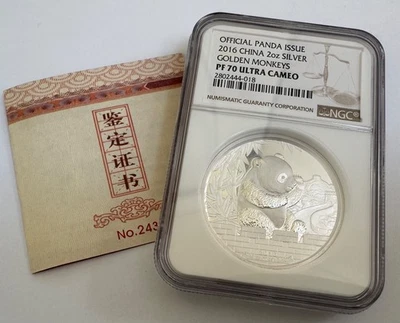 2016 China 2 oz SIlver Golden Monkeys Panda NGC PF-70 UCAM - Image 1 of 4