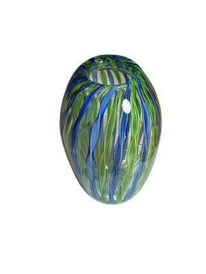 VTG Hand Blown Art Glass Vase Blue Green Latticino Swirl 6in Murano Style - Image 1 of 4
