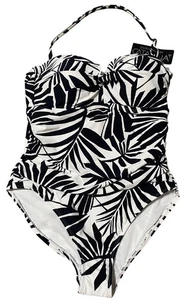New CATALINA Nighttime Fern Black White Floral Halter One Piece Swimsuit MEDIUM - Picture 1 of 3