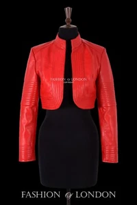 Ladies Elegant Look Real Leather Red Cropped Shrug Bolero Slim-Fit Jacket Ashley - Picture 1 of 6