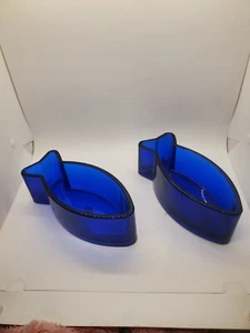 2 Vintage Kobalt Dunkelblau Glas Fisch Form Schüssel Schmuck Süßigkeiten Schale 8" - Bild 1 von 9