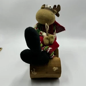 Christmas Plush Moose Reindeer on Brown Wooden Sleigh Holiday Decor - Picture 1 of 13