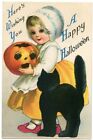 Halloween Clapsaddle Wolf Girl Holding JOL with Black Cat Antique Postcard