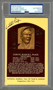 SATCHEL PAIGE AUTOGRAPHED GOLD HALL OF FAME PLAQUE POSTCARD JSA+PSA SLABBED - Picture 1 of 2