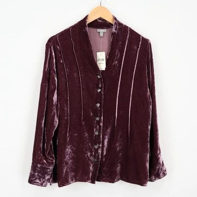 NUEVO CON ETIQUETAS J. Jill Terciopelo Mezcla Seda Manga Larga Botón Frontal Blusa Puerto Ciruela Talla 1X Foto 1 de 4