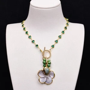 Mother Shell Flower Culture Pearl Pendant Green Crystal Heart Chain Necklace - Picture 1 of 4