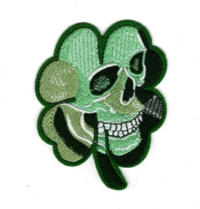 4" Lucky 4 leaf Clover Skull Patch, Irish Biker iron on embroidered patches - Picture 1 of 2