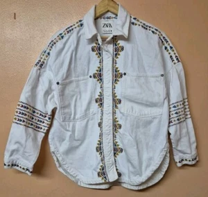 Zara Overshirt White Embroidered Loose Fit Asymmetric Hem Size Small - Picture 1 of 4