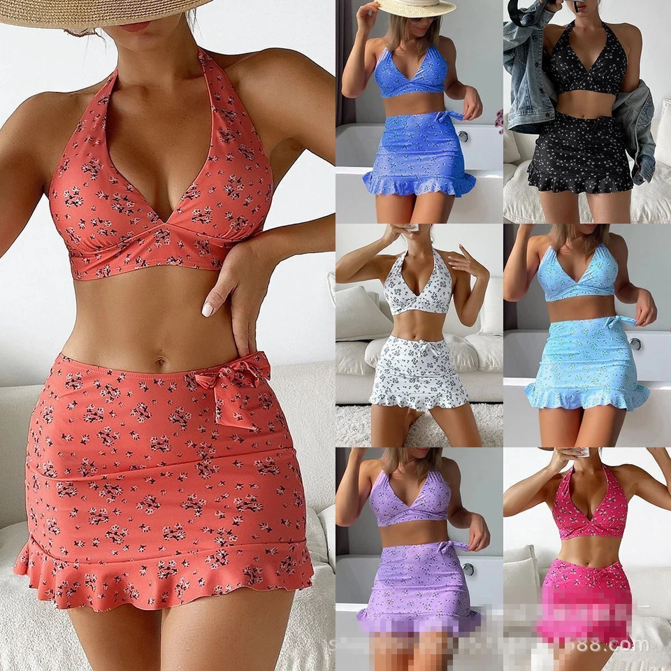 3pcs Pop Women Bikini Swim Skirt Set SwimsuiT Holiday Beachwear Swimming Costume - Image 1 of 4