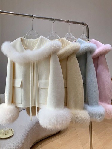 OFF WHITE Giacca invernale calda pelliccia di volpe colletto nuova coreana corta vera pelliccia di volpe donna cappotto lana