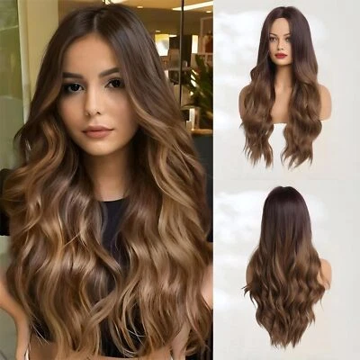 Haoland Long Ombre Brown Wavy Wig for Women 26 Inch Middle Part Curly Women's... - Image 1 of 4