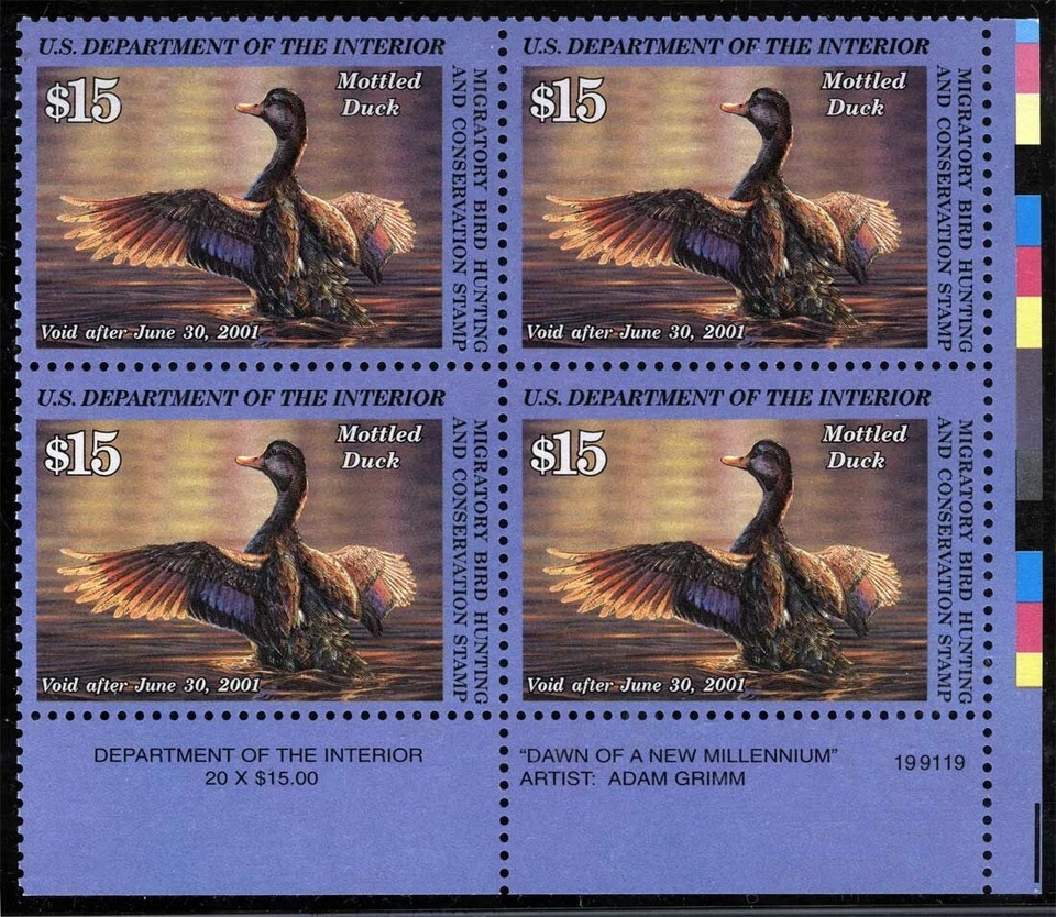 US Sc RW67 Multi-color $15.00 MNH OG LR Plate No. 199119 Blk of 4 Duck Stamp  - Image 1 of 1