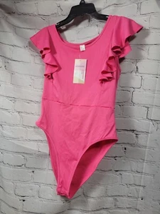 Bright Pink Bodysuit Ruffled Sleeve Size Large - Picture 1 of 3