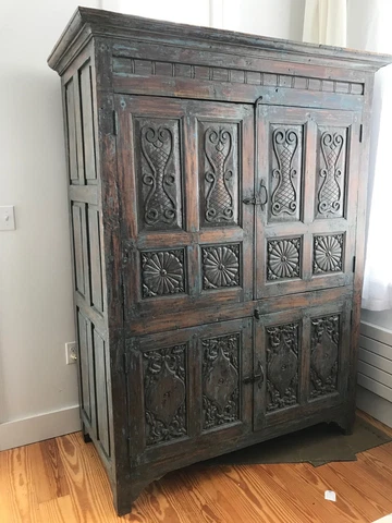 Antique Armoire Cabinet Court Cupboard Carved Wood Blue/Green Cover