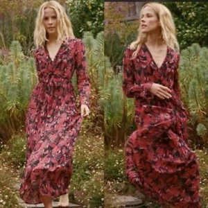 Dôen Assam Maxi/Midi Button Up Long Sleeve Romantic Floral Red Pink Black Small - Picture 1 of 12