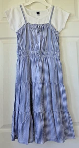 OLD NAVY Girls Blue & White Striped Jumper Dress & White Short Sleeve Top Size L - Picture 1 of 12