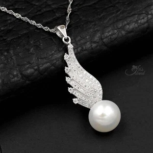 Women White Freshwater Pearl CZ Pendant Necklace Chain 925 Sterling Silver Wing - Picture 1 of 4