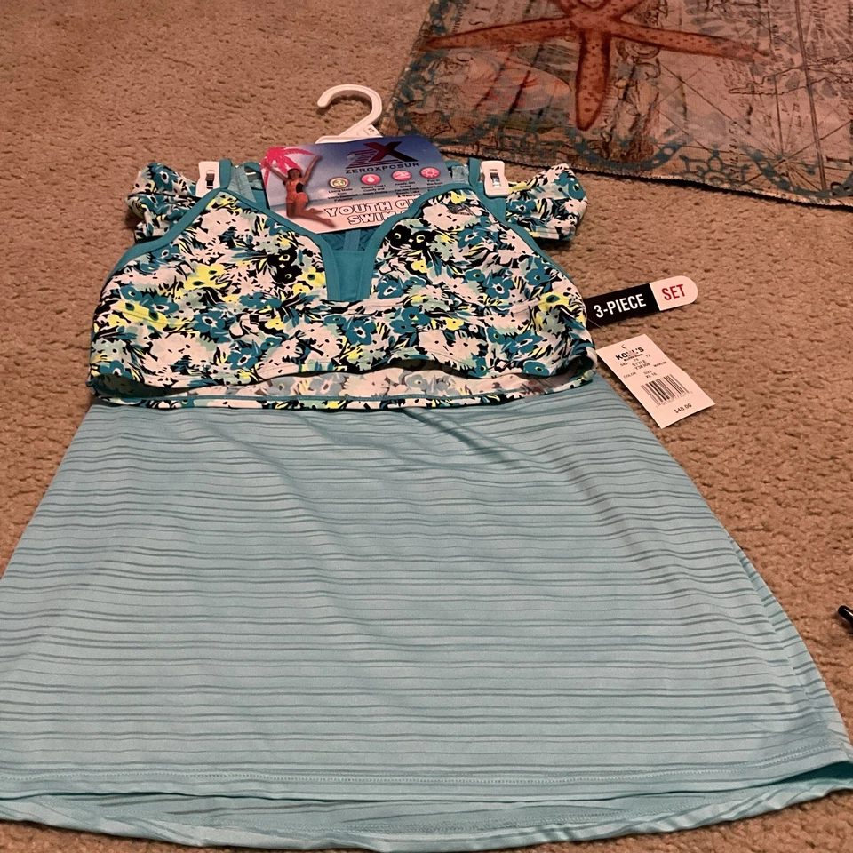 ZEROXPOSUR МОЛОДЕЖИ ДЕВОЧЕК ПЛАВАТЬ КОМПЛЕКТ 3-ШТ ПЛАВАТЬ КОМПЛЕКТ РАЗМЕР XL 16 БИРЮЗОВЫЙ И ЧЕРНЫЙ НОВЫЙ - Изображение 1 из 4