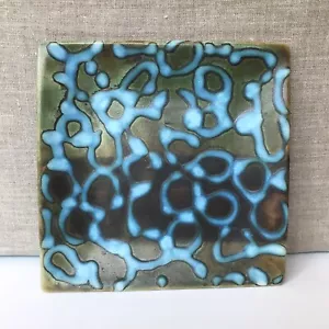 Pirjo Nylander Finland Art Pottery 8” Square Green Blue Abstract MCM Signed - Picture 1 of 12