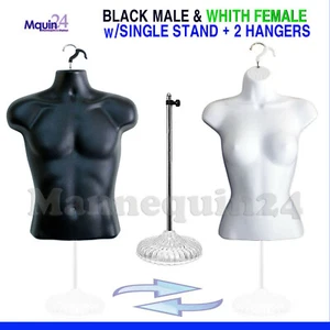  BLACK MALE + WHITE FEMALE TORSO SET + 1 STAND + 2 HANGERS - 2 DRESS FORMS - Picture 1 of 9