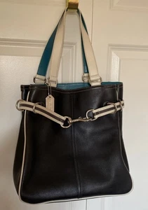 Coach Leder Doppelriemen Schultertasche Handtasche Schwarz Weiß Türkis - Bild 1 von 20