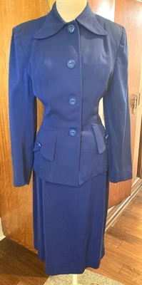 Vintage 1940s blue gabardine suit large shoulders B 36 as is - Image 1 of 4